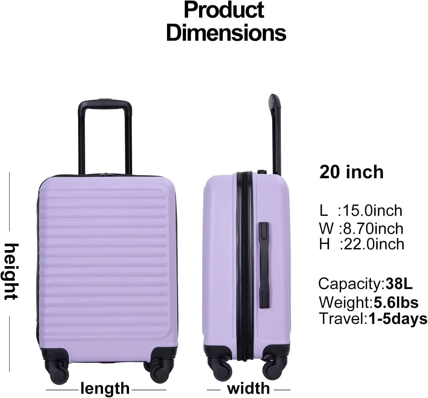 Carry On Luggage,Suitcases with Wheels Hardshell,ABS Lightweight Carry On Suitcase, 20-Inch,Lavender