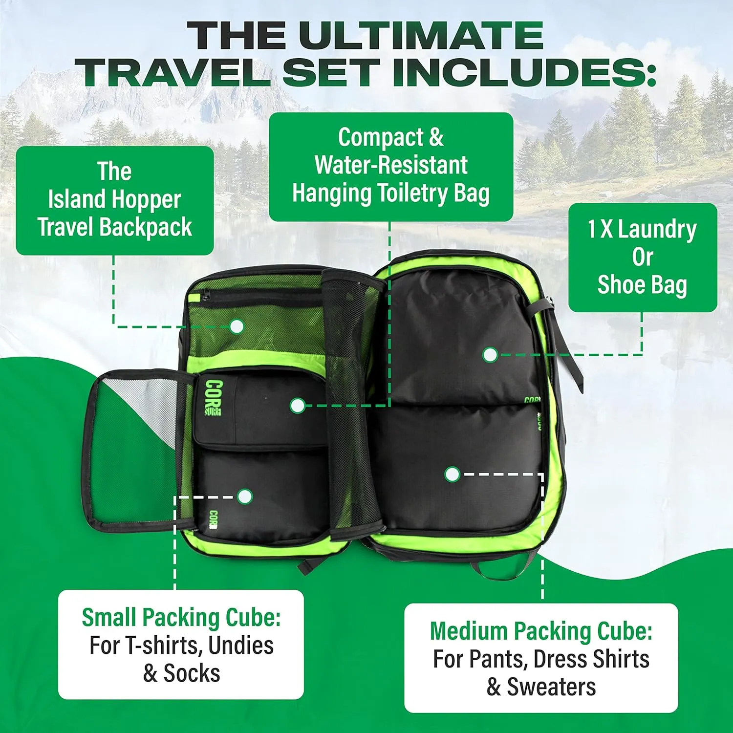 Carry On Travel Backpack Bundle | Island Hopper Travel Backpack with Toiletry Bag and Compression Packing Cube Set (Black with 4 Piece, 28L)