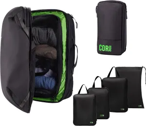 Carry On Travel Backpack Bundle | Island Hopper Travel Backpack with Toiletry Bag and Compression Packing Cube Set (Black with 4 Piece, 28L)