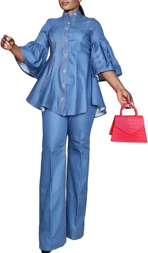 Casual Denim 2 Piece Outfit for Women - 3/4 Sleeve Button Down Shirt   Wide Leg Pants Sets Plus Size Sweatsuits Set