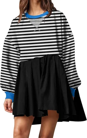 Casual Dresses for Women 2024 Trendy Long Sleeve Fall Pleated Striped Mini Dress Loose Crewneck Ruffle Preppy Clothes