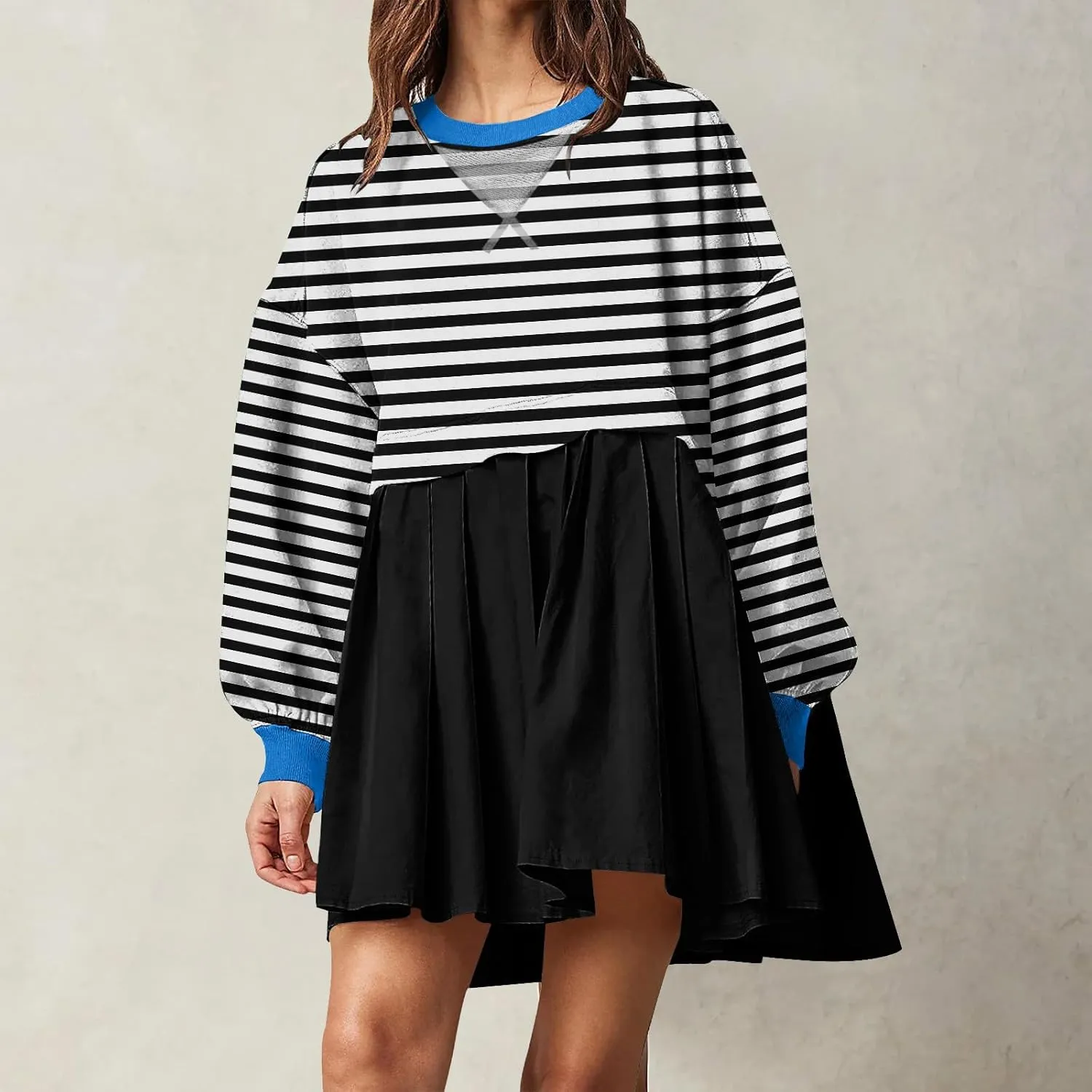 Casual Dresses for Women 2024 Trendy Long Sleeve Fall Pleated Striped Mini Dress Loose Crewneck Ruffle Preppy Clothes