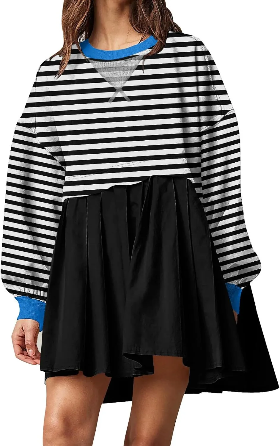 Casual Dresses for Women 2024 Trendy Long Sleeve Fall Pleated Striped Mini Dress Loose Crewneck Ruffle Preppy Clothes
