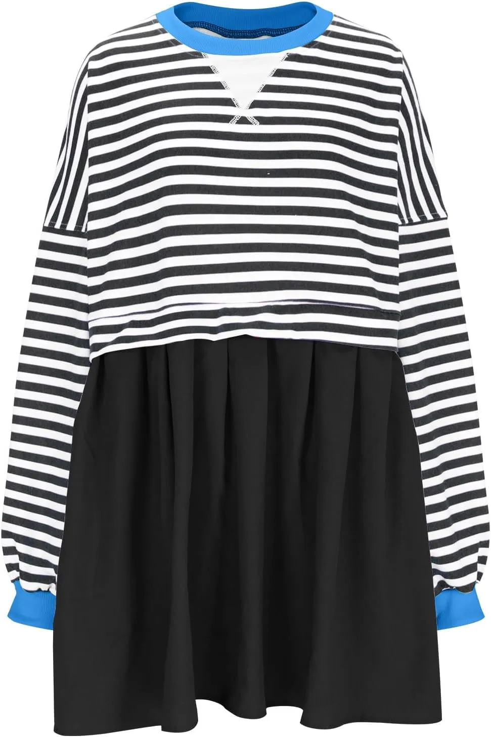 Casual Dresses for Women 2024 Trendy Long Sleeve Fall Pleated Striped Mini Dress Loose Crewneck Ruffle Preppy Clothes