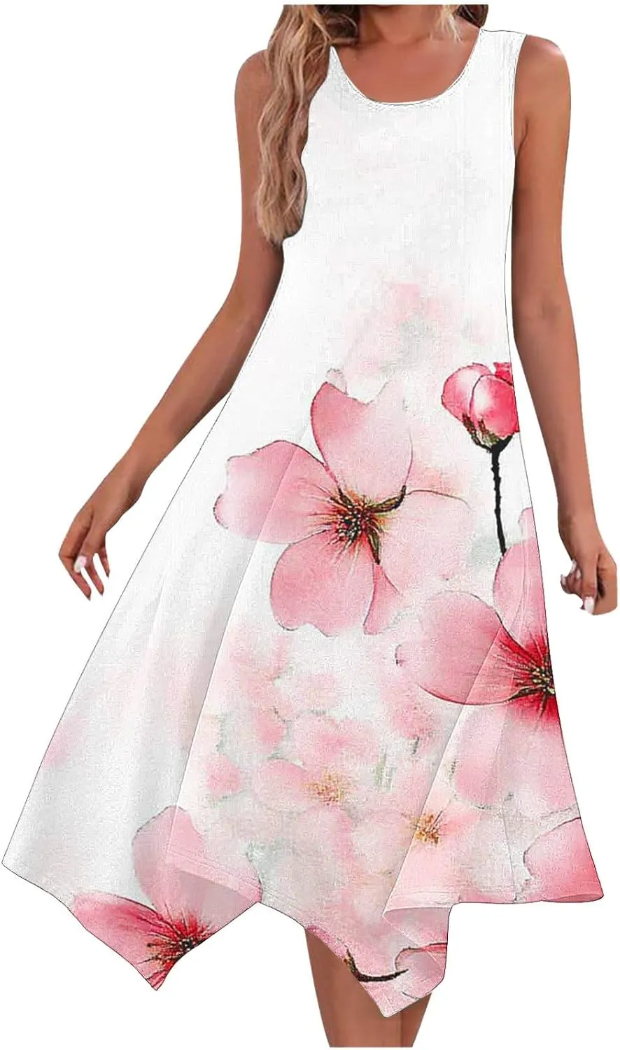 Casual Dresses for Women Summer Sleeveless Floral Beach Sundresses Flowy Irregular Hem Wedding Guest Midi Dress