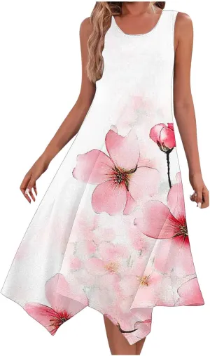 Casual Dresses for Women Summer Sleeveless Floral Beach Sundresses Flowy Irregular Hem Wedding Guest Midi Dress