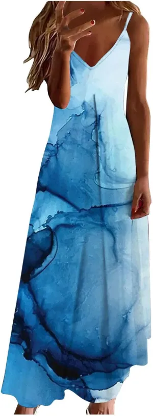 Ceboyel Maxi Sundresses for Women 2023 Marble Print Maxi Long Dress Spaghetti Strap Summer Dresses Trendy Beach Outfits