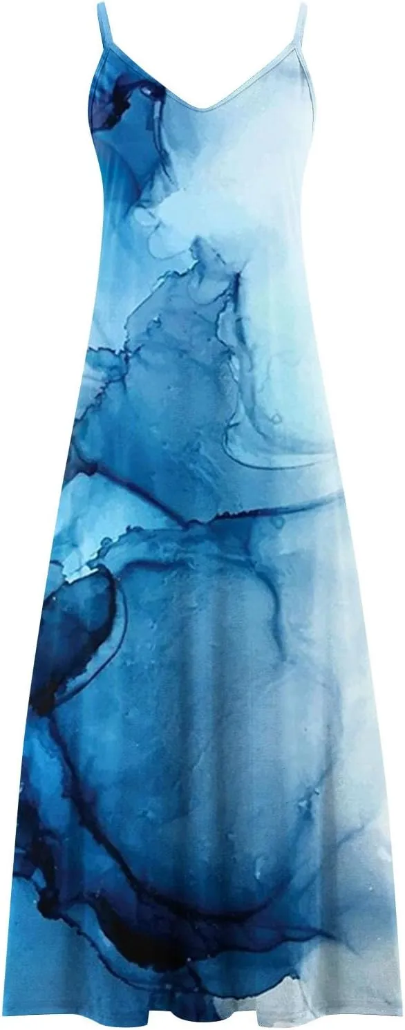 Ceboyel Maxi Sundresses for Women 2023 Marble Print Maxi Long Dress Spaghetti Strap Summer Dresses Trendy Beach Outfits