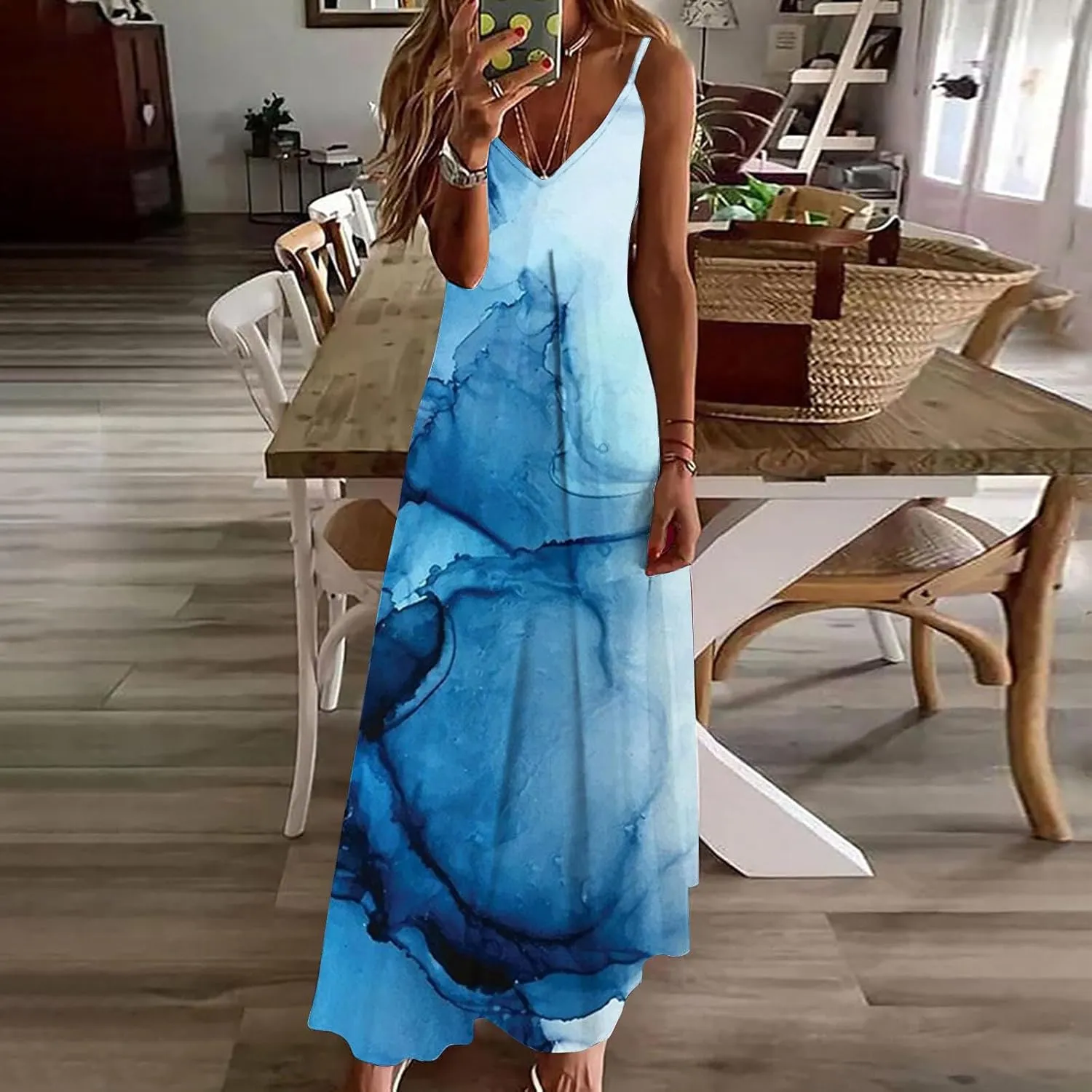 Ceboyel Maxi Sundresses for Women 2023 Marble Print Maxi Long Dress Spaghetti Strap Summer Dresses Trendy Beach Outfits