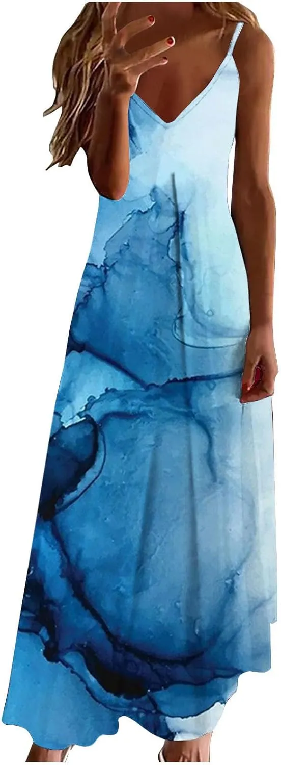 Ceboyel Maxi Sundresses for Women 2023 Marble Print Maxi Long Dress Spaghetti Strap Summer Dresses Trendy Beach Outfits