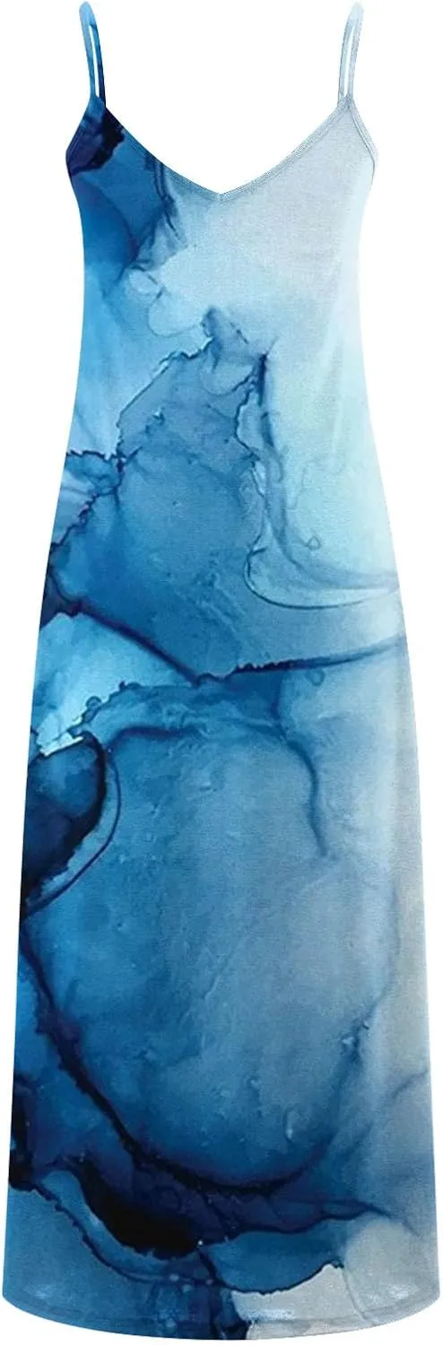 Ceboyel Maxi Sundresses for Women 2023 Marble Print Maxi Long Dress Spaghetti Strap Summer Dresses Trendy Beach Outfits