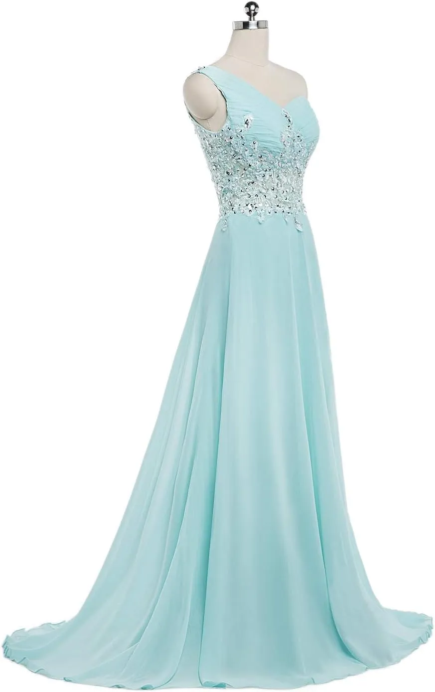 CharmingBridal One Shoulder Prom Dresses Lace Pleated Chiffon Long Evening Gowns