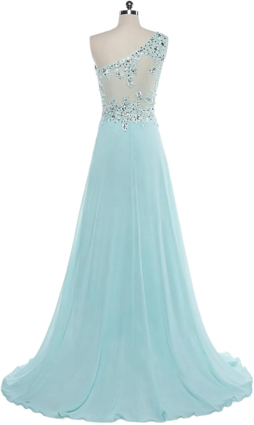 CharmingBridal One Shoulder Prom Dresses Lace Pleated Chiffon Long Evening Gowns