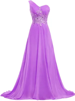 CharmingBridal One Shoulder Prom Dresses Lace Pleated Chiffon Long Evening Gowns