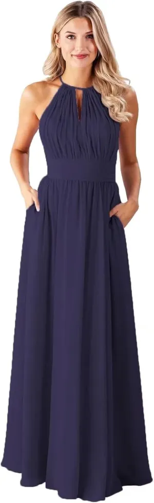 Chiffon Halter Bridesmaid Dresses for Women Girls A Line Pleated Long Prom Dress with Pockets