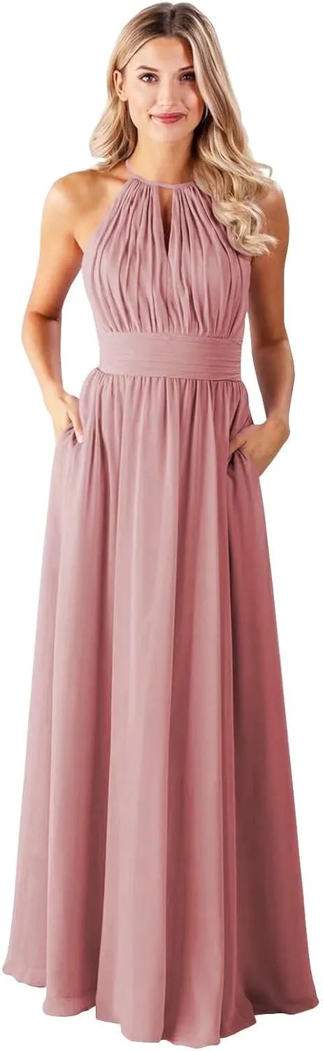Chiffon Halter Bridesmaid Dresses for Women Girls A Line Pleated Long Prom Dress with Pockets