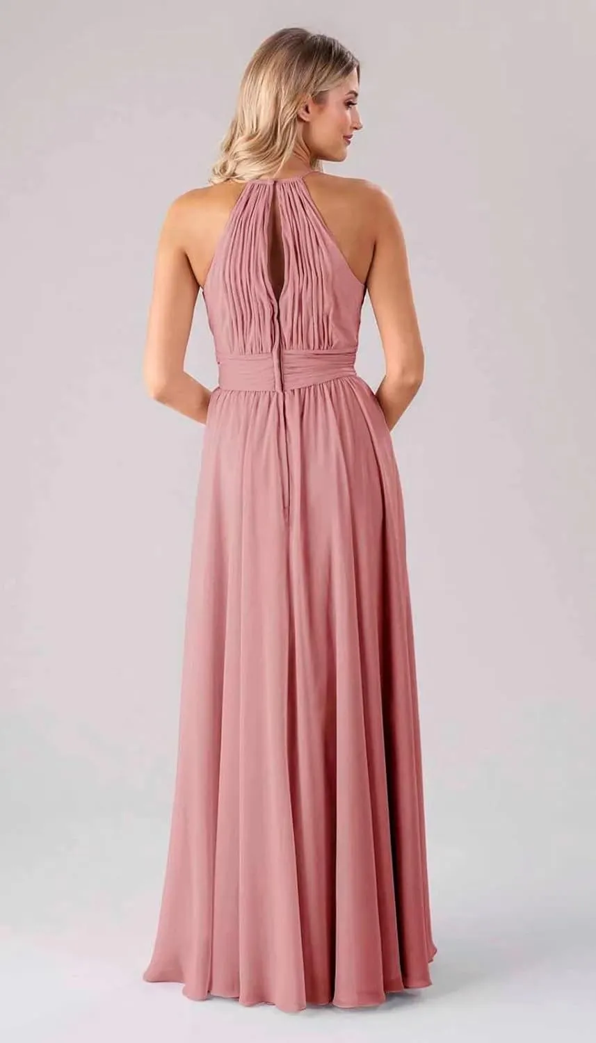 Chiffon Halter Bridesmaid Dresses for Women Girls A Line Pleated Long Prom Dress with Pockets
