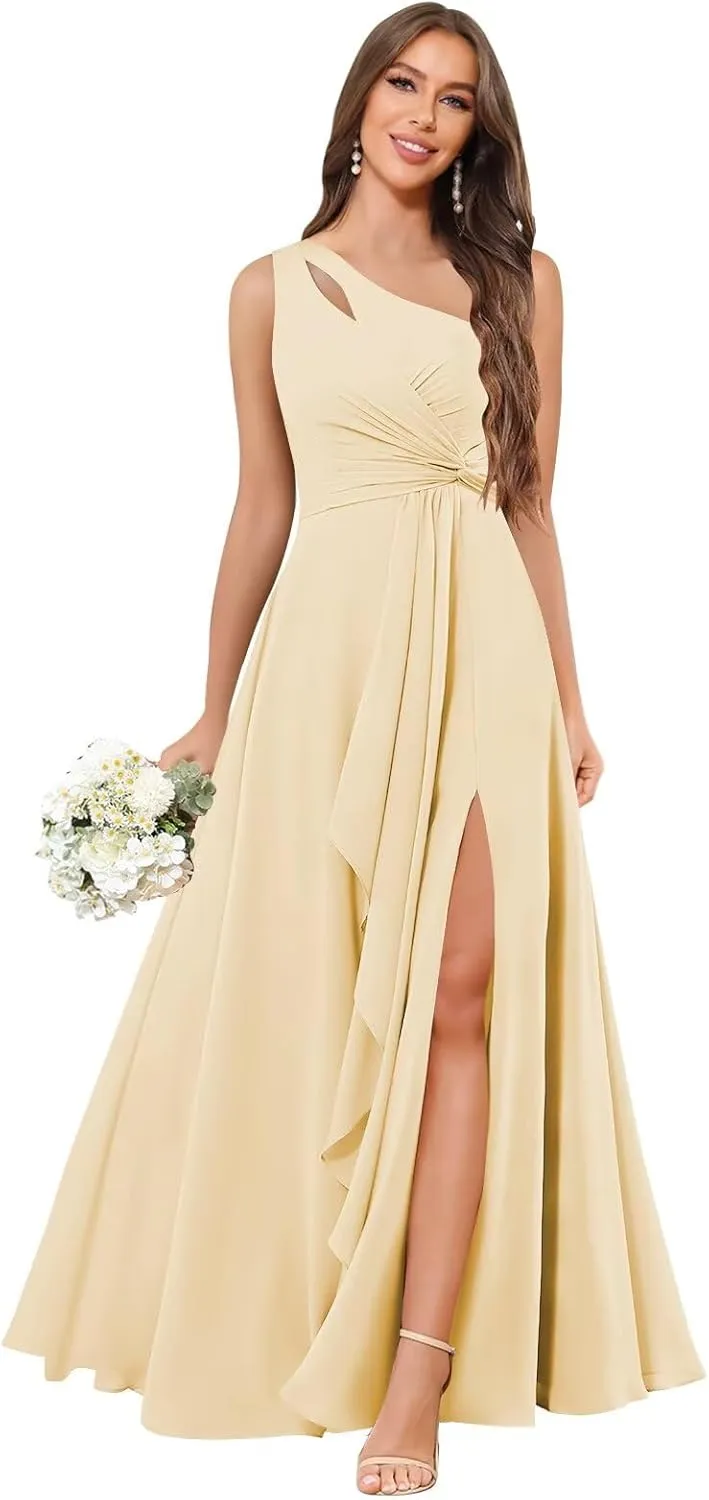 Chiffon One Shoulder Bridesmaid Dresses with Slit Ruffles Wedding Long Formal Evening Dress for Women