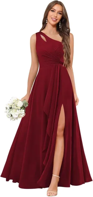Chiffon One Shoulder Bridesmaid Dresses with Slit Ruffles Wedding Long Formal Evening Dress for Women