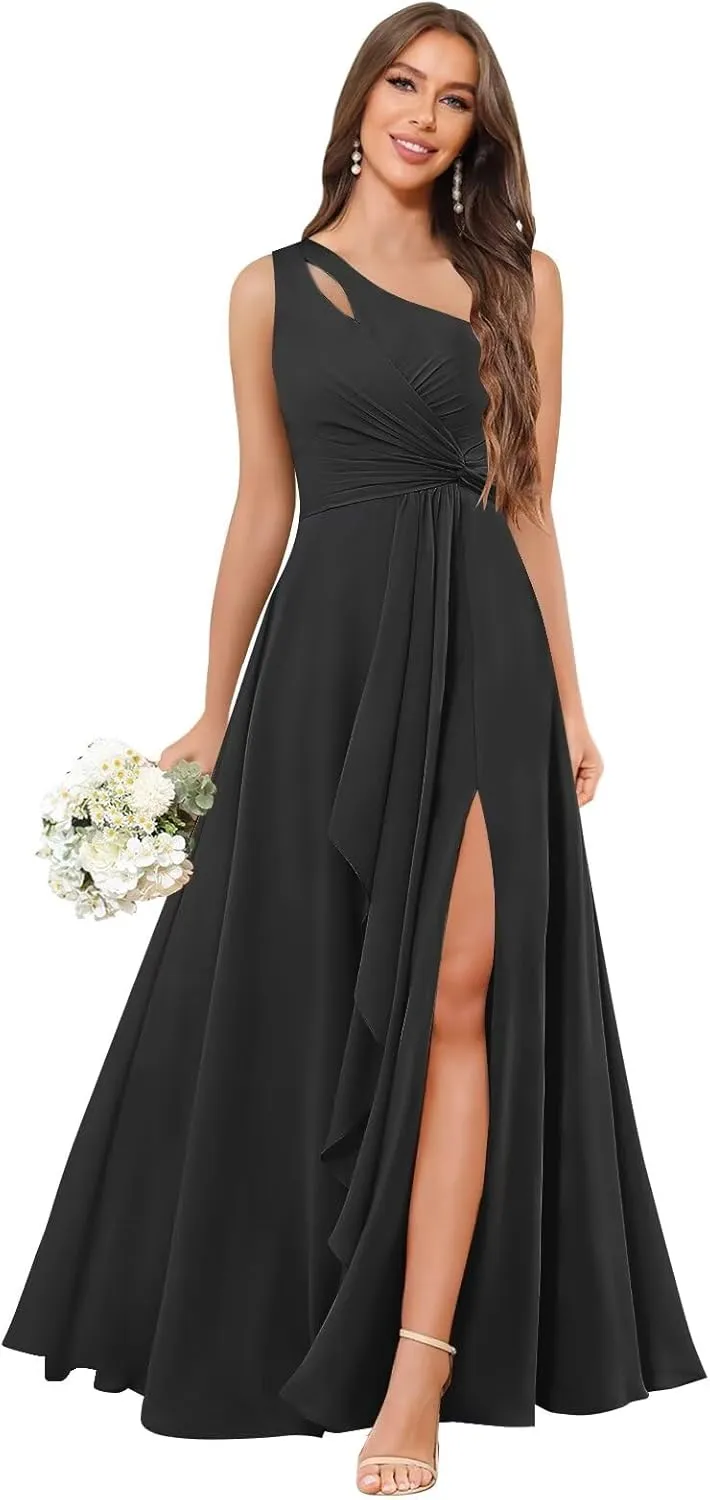Chiffon One Shoulder Bridesmaid Dresses with Slit Ruffles Wedding Long Formal Evening Dress for Women
