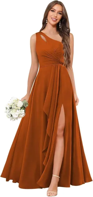 Chiffon One Shoulder Bridesmaid Dresses with Slit Ruffles Wedding Long Formal Evening Dress for Women