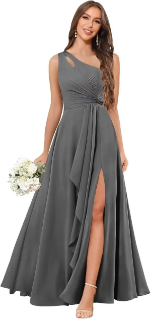 Chiffon One Shoulder Bridesmaid Dresses with Slit Ruffles Wedding Long Formal Evening Dress for Women