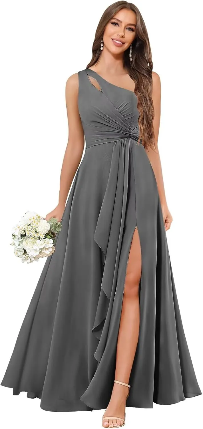 Chiffon One Shoulder Bridesmaid Dresses with Slit Ruffles Wedding Long Formal Evening Dress for Women