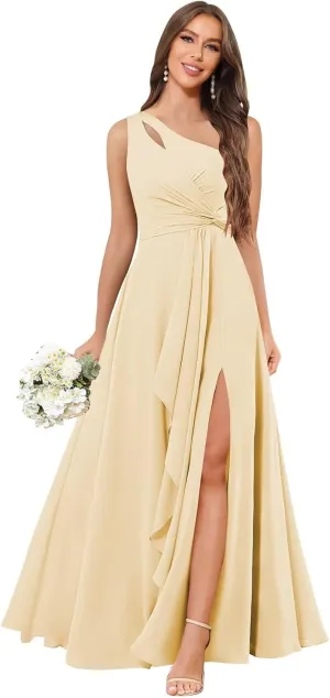 Chiffon One Shoulder Bridesmaid Dresses with Slit Ruffles Wedding Long Formal Evening Dress for Women