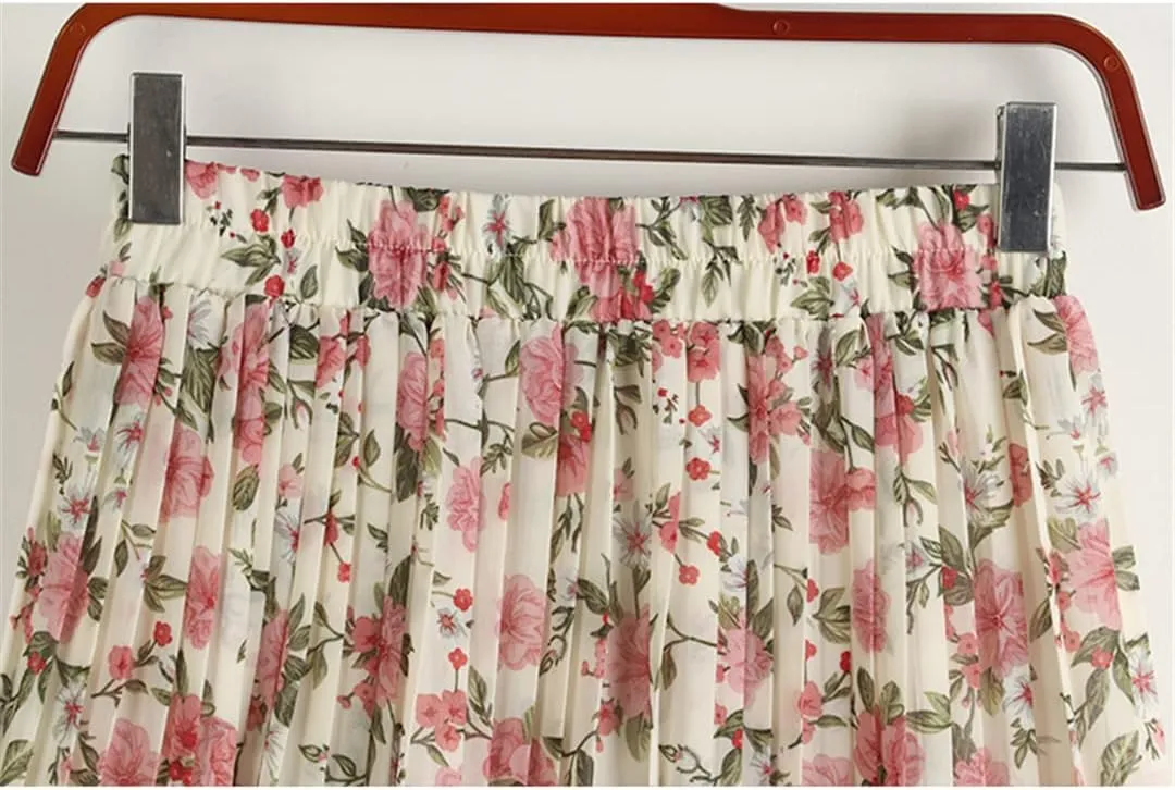 Chiffon Skirt Women Summer Vintage Floral Print A Line High Waist Pleated Midi Long Skirt