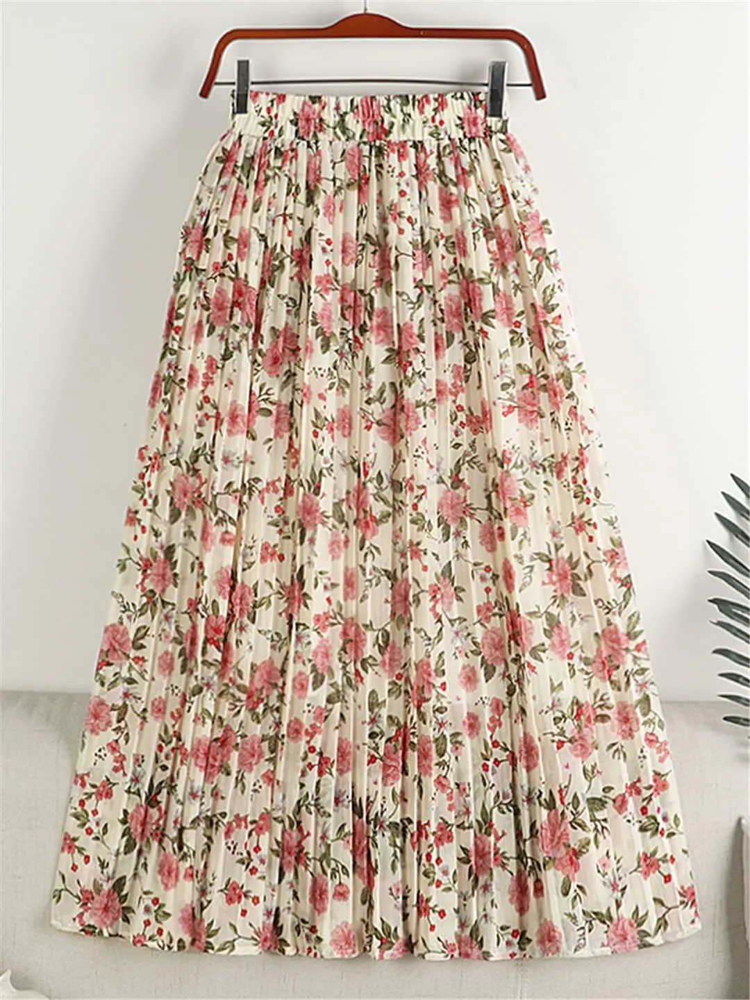 Chiffon Skirt Women Summer Vintage Floral Print A Line High Waist Pleated Midi Long Skirt