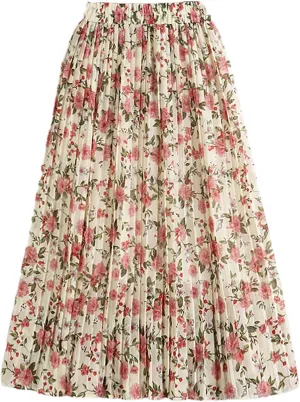 Chiffon Skirt Women Summer Vintage Floral Print A Line High Waist Pleated Midi Long Skirt