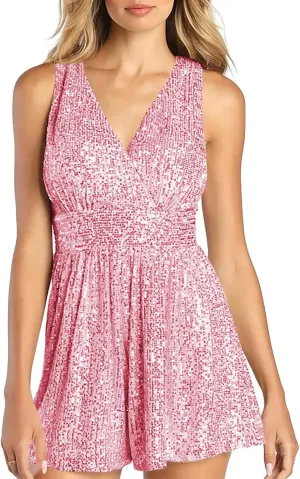 Cicy Bell Womens Sequin Sleeveless Rompers Cute V Neck Wide Leg Cocktail Evening Party Clubwear Dressy Short Jumpsuits