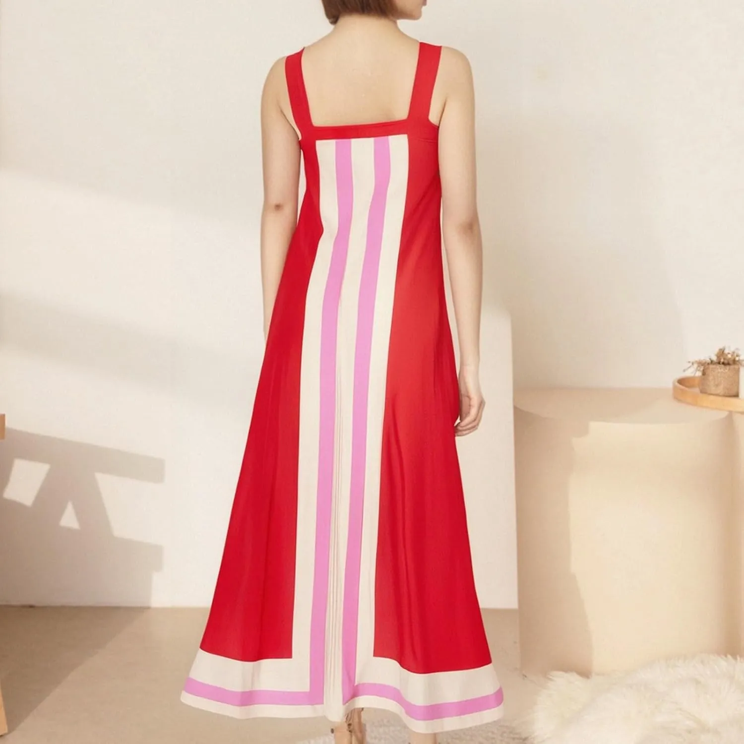 Color Block Dress for Women Beach Vacation Linen Summer Maxi Dresses Bohemian Square Neck Long Sundress Overall Dress