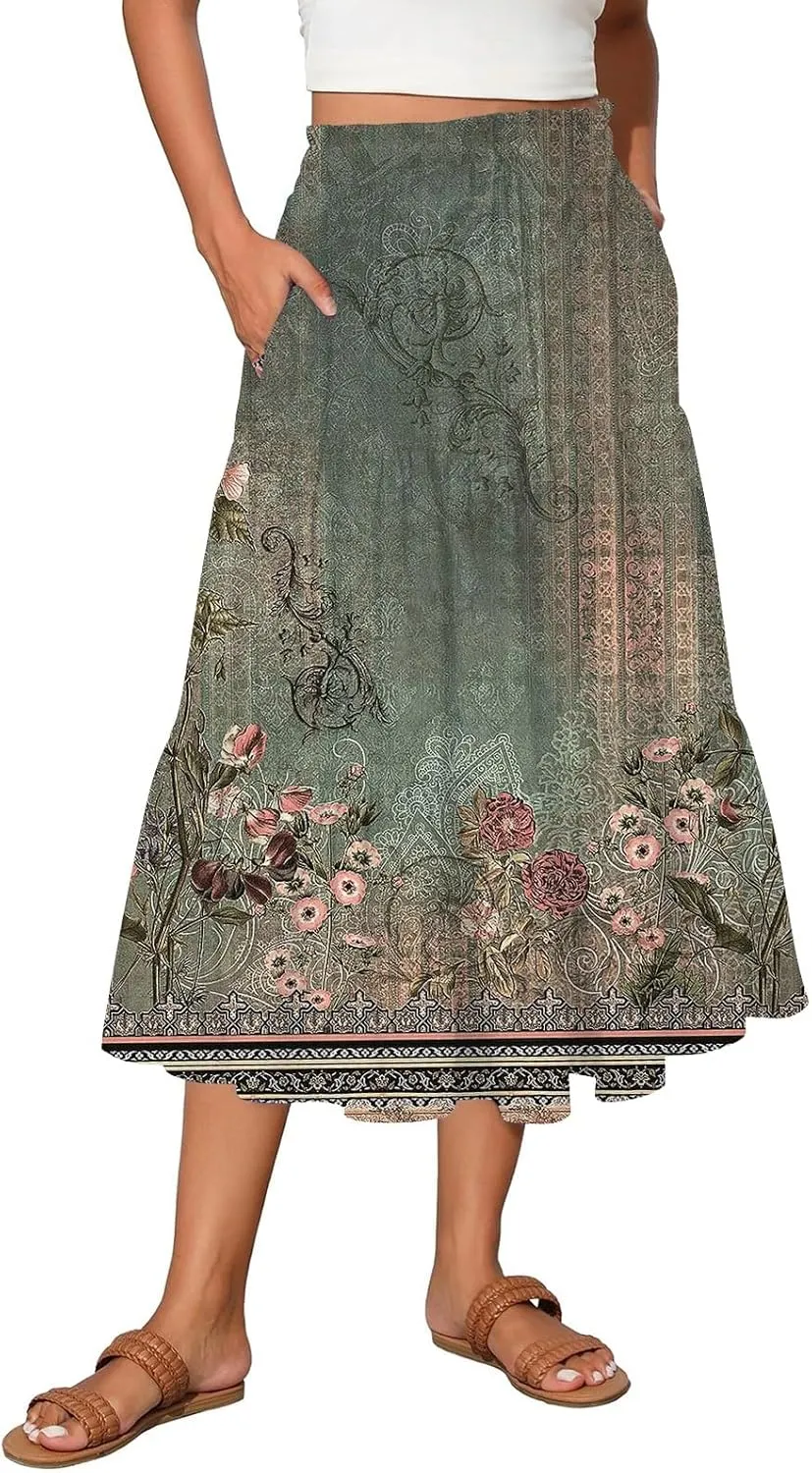 COTECRAM Boho Skirts for Women 2025 Trendy Summer Flowy Swing Tiered A-Line Floral Skirt Casual Pleated Long Beach Dress