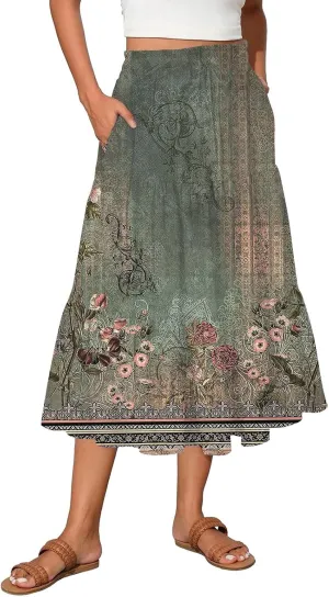COTECRAM Boho Skirts for Women 2025 Trendy Summer Flowy Swing Tiered A-Line Floral Skirt Casual Pleated Long Beach Dress
