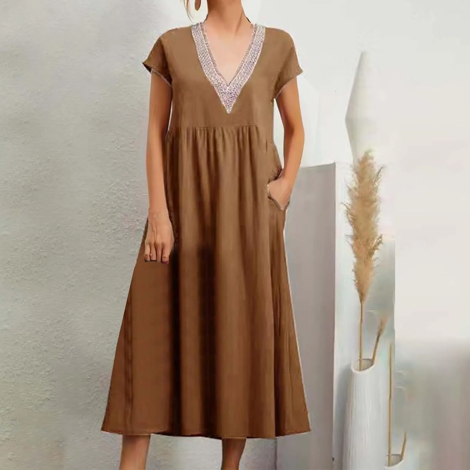 Cotton Linen Dress Women Plus Size Summer Short Sleeve V Neck Midi Dress Casual Loose A-line Boho Vacation Dresses