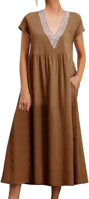 Cotton Linen Dress Women Plus Size Summer Short Sleeve V Neck Midi Dress Casual Loose A-line Boho Vacation Dresses