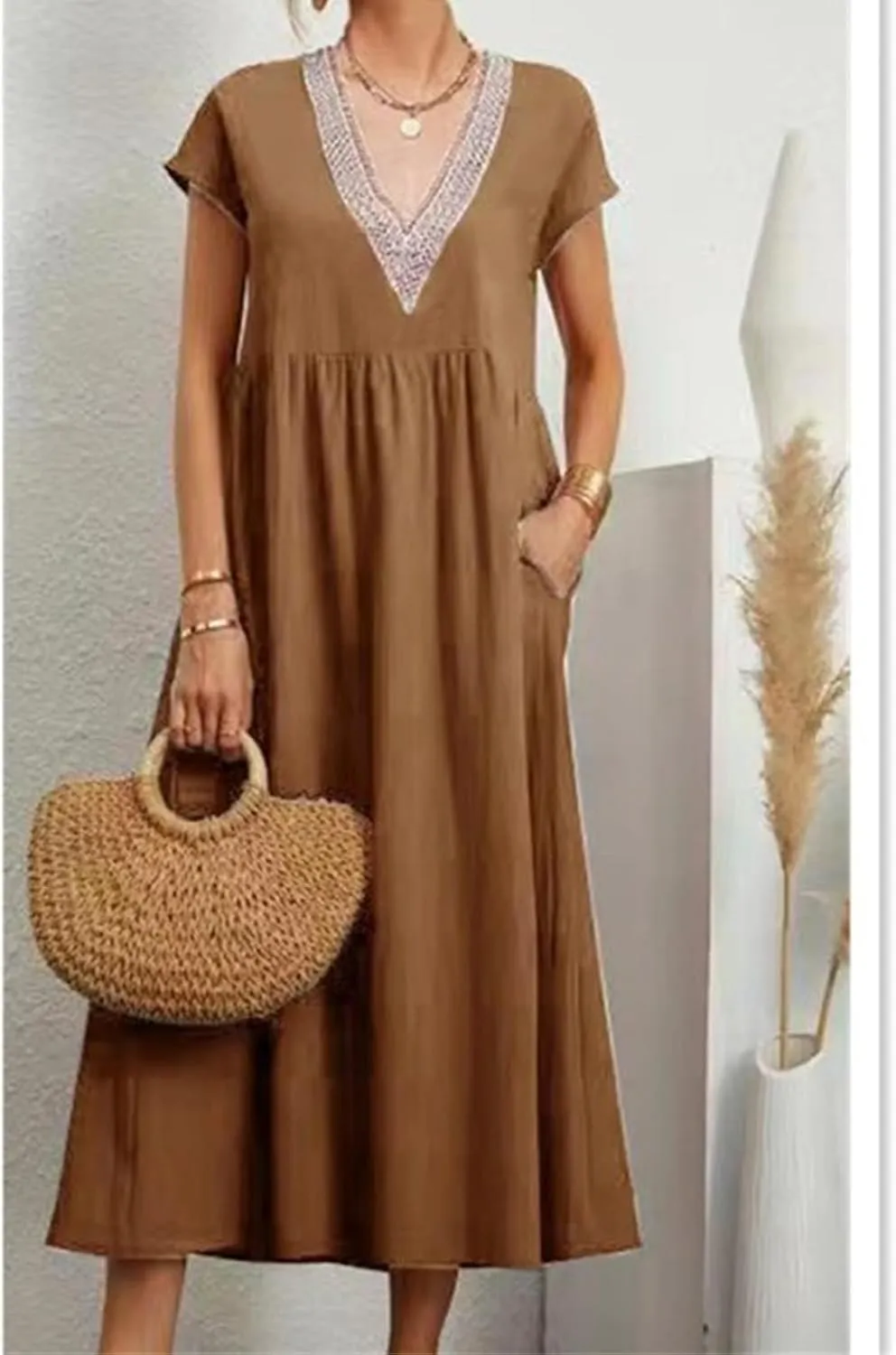 Cotton Linen Dress Women Plus Size Summer Short Sleeve V Neck Midi Dress Casual Loose A-line Boho Vacation Dresses