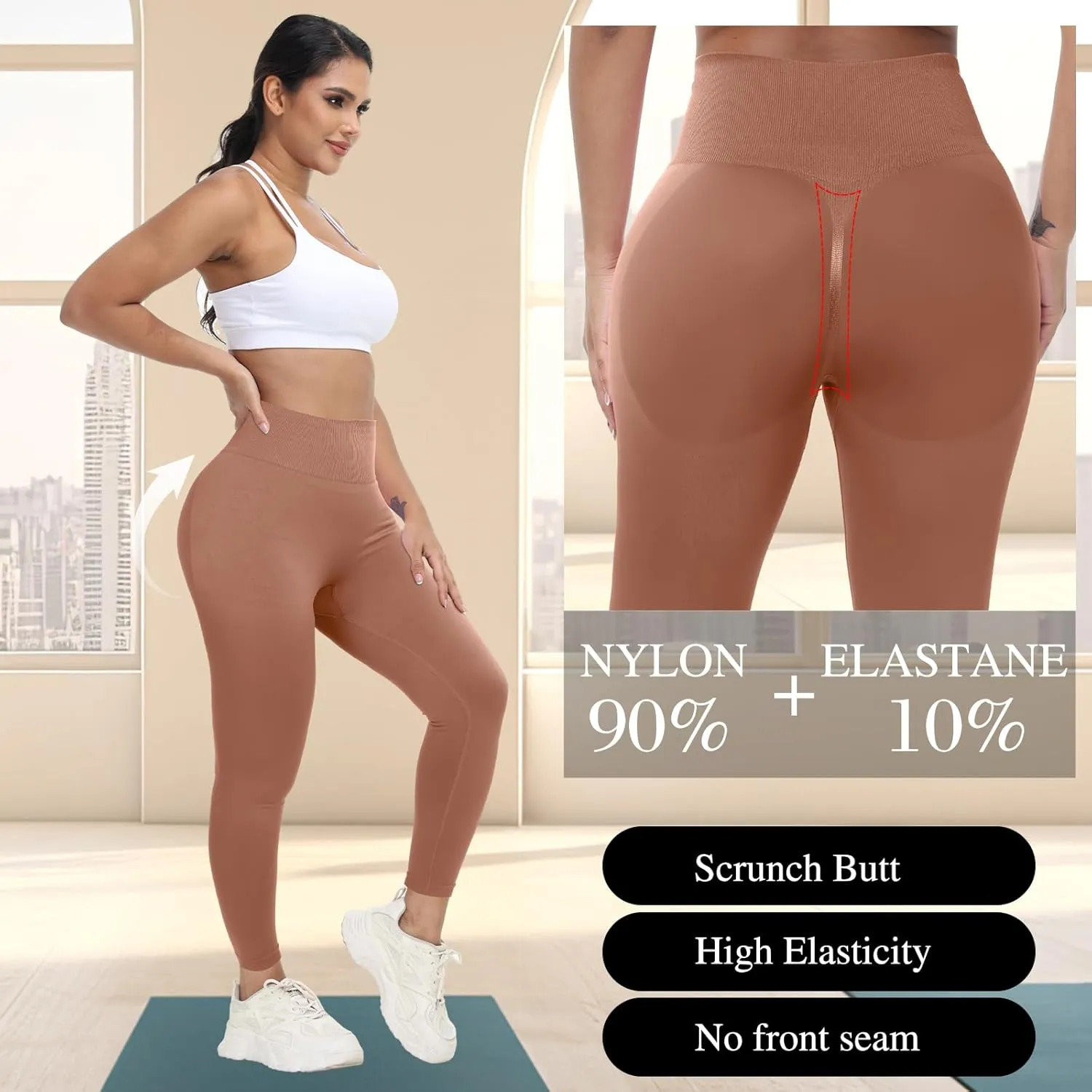 Coume 3 Pcs Womens Workout Leggings Butt Lifting Seamless Scrunch Yoga Pants Tummy Compression Medium Waist Tights