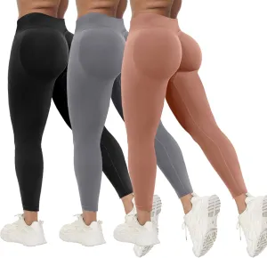 Coume 3 Pcs Womens Workout Leggings Butt Lifting Seamless Scrunch Yoga Pants Tummy Compression Medium Waist Tights