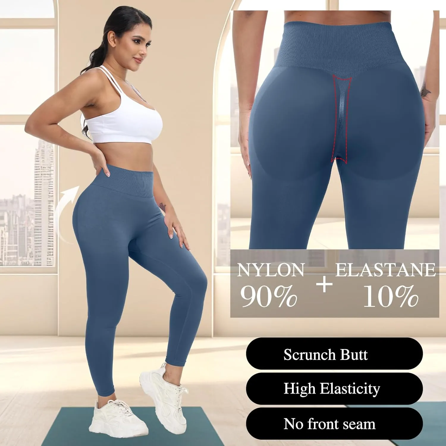 Coume 3 Pcs Womens Workout Leggings Butt Lifting Seamless Scrunch Yoga Pants Tummy Compression Medium Waist Tights
