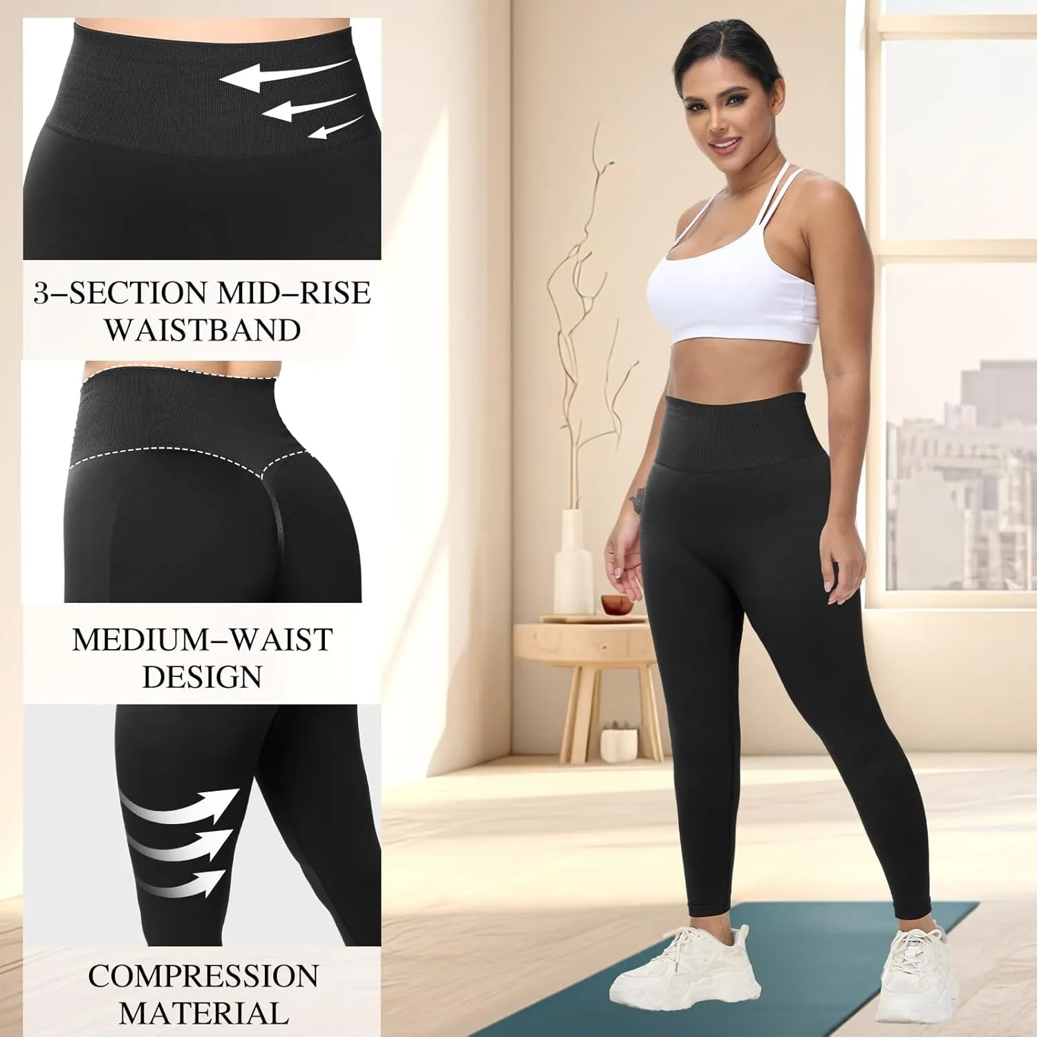 Coume 3 Pcs Womens Workout Leggings Butt Lifting Seamless Scrunch Yoga Pants Tummy Compression Medium Waist Tights