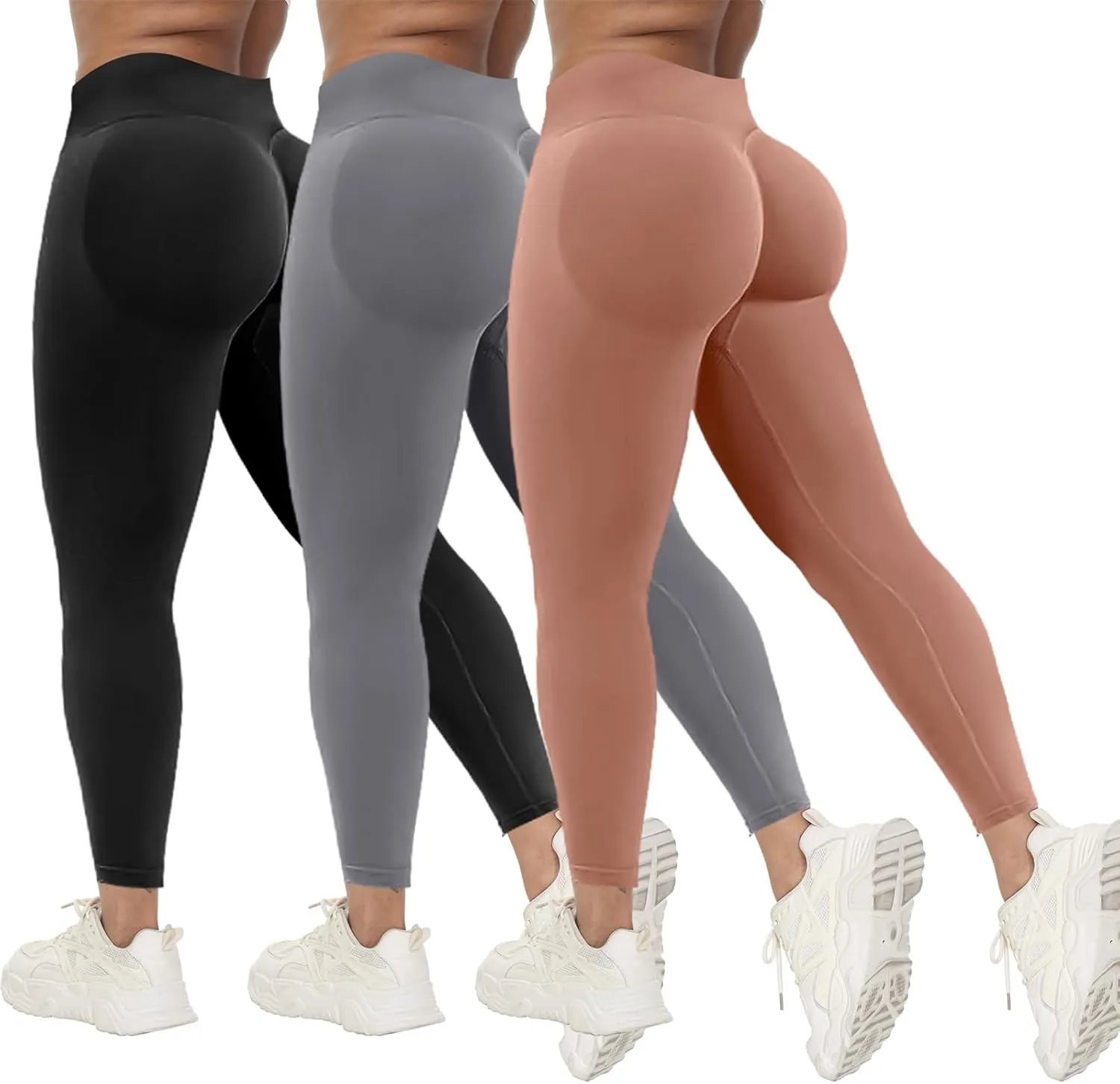 Coume 3 Pcs Womens Workout Leggings Butt Lifting Seamless Scrunch Yoga Pants Tummy Compression Medium Waist Tights