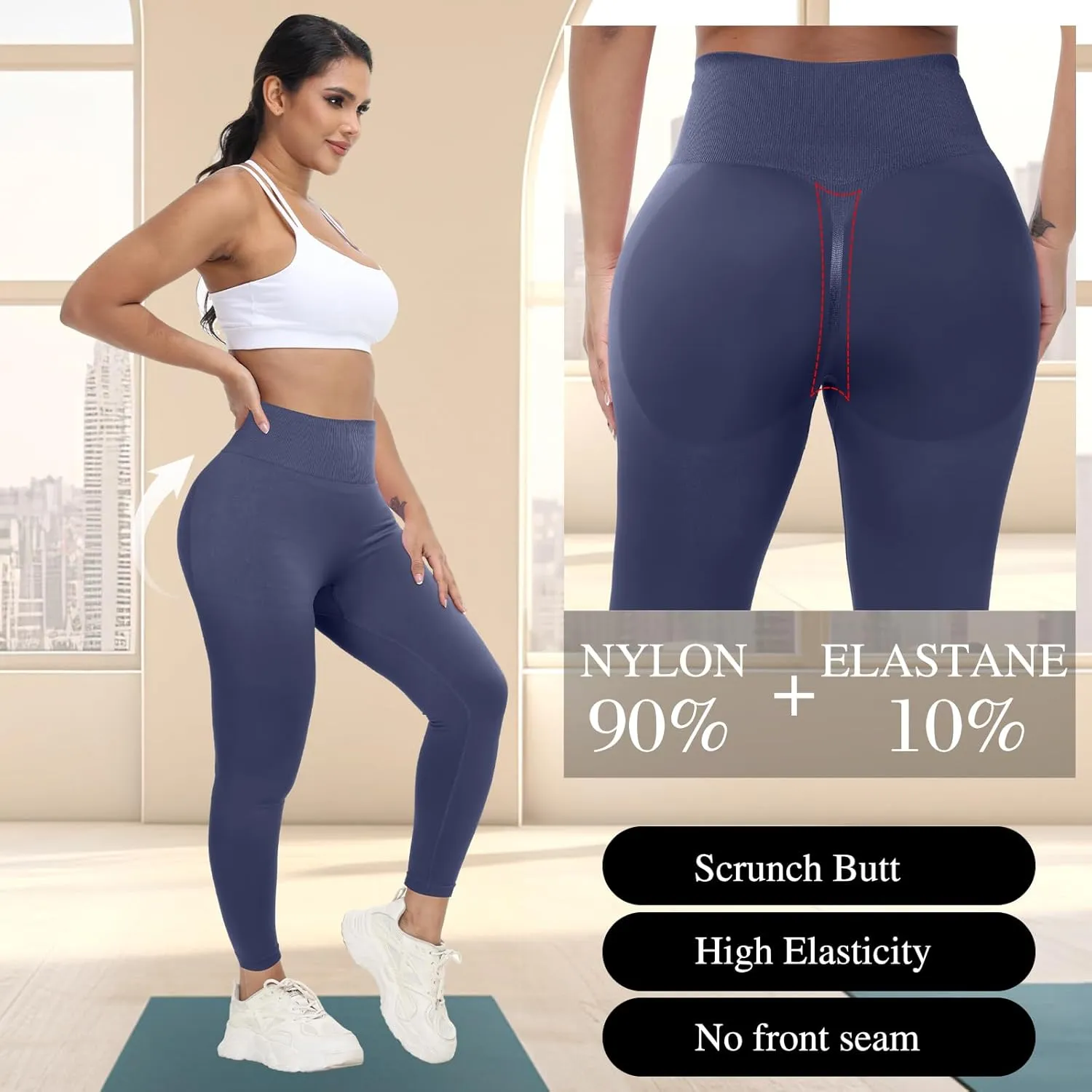 Coume 3 Pcs Womens Workout Leggings Butt Lifting Seamless Scrunch Yoga Pants Tummy Compression Medium Waist Tights