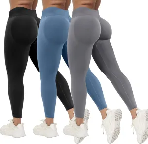 Coume 3 Pcs Womens Workout Leggings Butt Lifting Seamless Scrunch Yoga Pants Tummy Compression Medium Waist Tights