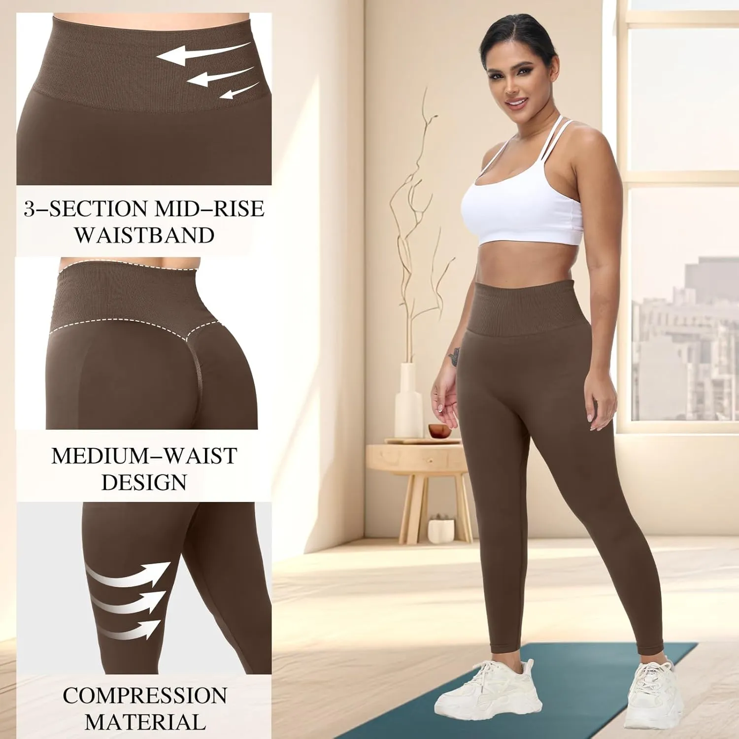 Coume 3 Pcs Womens Workout Leggings Butt Lifting Seamless Scrunch Yoga Pants Tummy Compression Medium Waist Tights