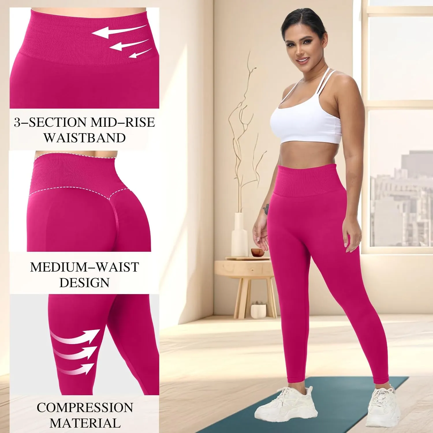 Coume 3 Pcs Womens Workout Leggings Butt Lifting Seamless Scrunch Yoga Pants Tummy Compression Medium Waist Tights