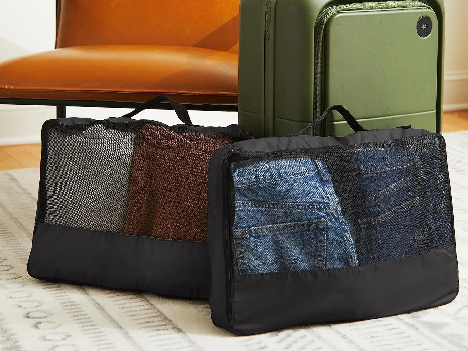 Covermates Packing Cube Set - Premium Polyester - Dual Zipper Pulls - Carrying Handle - Front Mesh Window - Travel Organization, Black