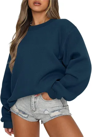 Crew Neck Sweatshirts for Women Casual Oversized Pullover Tops Loose Fit Solid Color Long Sleeve Fall Outfits 2023