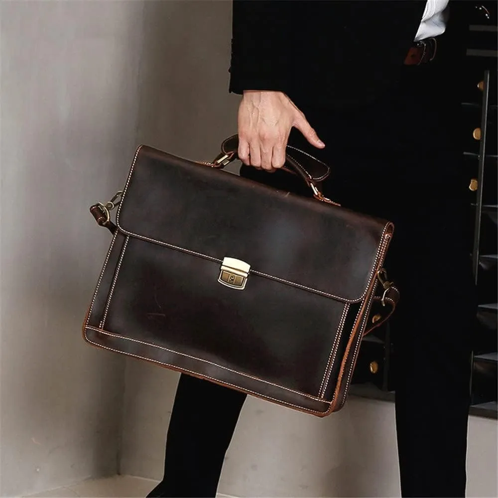 CSCDD Retro Men's Briefcase 15.6 Inch Laptop Business Bag Messenger Leather Bag Horizontal
